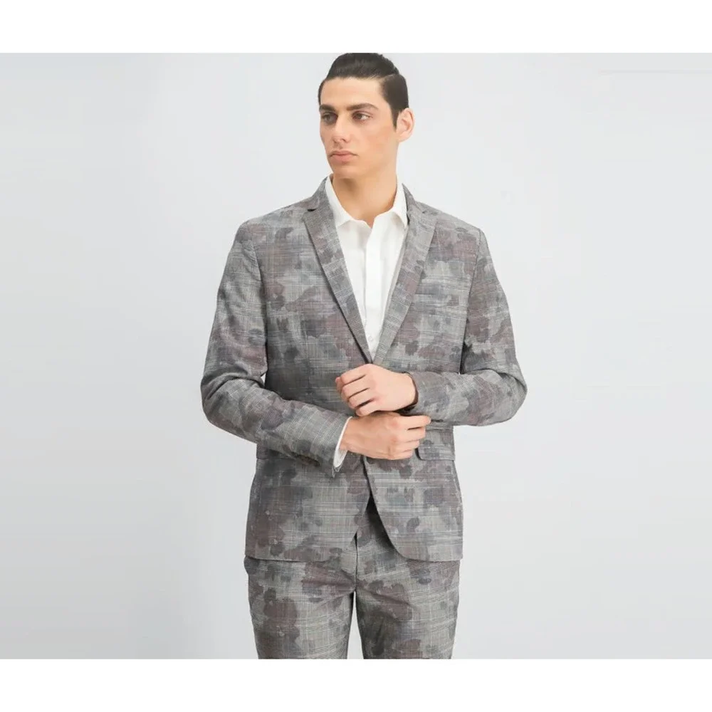 INC Mens Blazer Sport Coat Large Camo Print Slim Fit Dinner Jacket Party Suit
